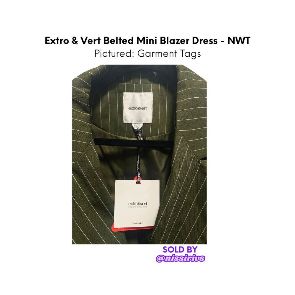 💜 NWT Extro & Vert Belted Mini Blazer Dress (Green w/ Khaki Stripes) - Picture 7 of 7